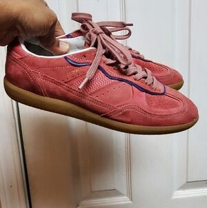 ALOHAS Women's Slim-style Suede Leather Sneakers in Coral Pink/Salmon color